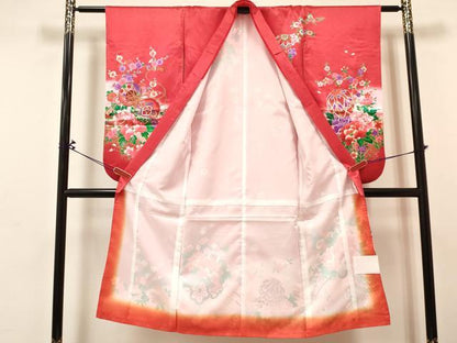 平和屋着物[]七五三　女の子　７歳　祝着　四つ身　長襦袢(単衣)セット　鴛鴦　御所車鞠花文　暈し染め　金彩　未使用　DABA3846ma