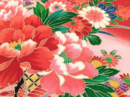 平和屋着物[]七五三　女の子　７歳　祝着　四つ身　長襦袢(単衣)セット　鴛鴦　御所車鞠花文　暈し染め　金彩　未使用　DABA3846ma