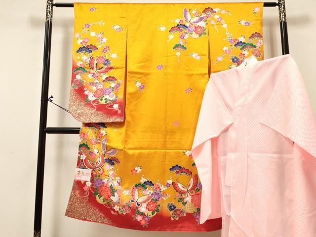平和屋着物[]七五三　女の子　７歳　祝着　四つ身　長襦袢(単衣)セット　舞蝶花籠文　暈し染め　金銀彩　未使用　DABA3847ma