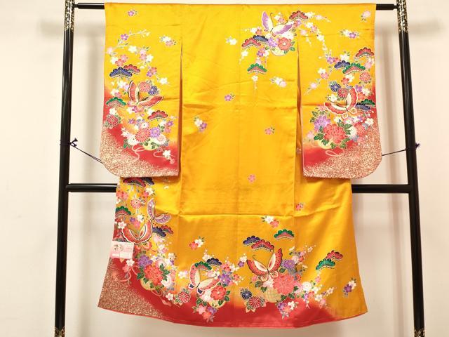 平和屋着物[]七五三　女の子　７歳　祝着　四つ身　長襦袢(単衣)セット　舞蝶花籠文　暈し染め　金銀彩　未使用　DABA3847ma