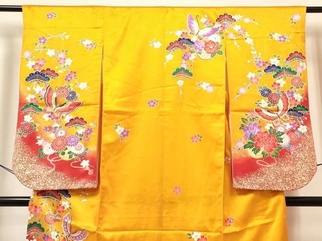 平和屋着物[]七五三　女の子　７歳　祝着　四つ身　長襦袢(単衣)セット　舞蝶花籠文　暈し染め　金銀彩　未使用　DABA3847ma