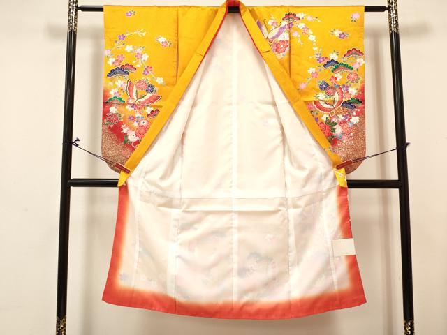 平和屋着物[]七五三　女の子　７歳　祝着　四つ身　長襦袢(単衣)セット　舞蝶花籠文　暈し染め　金銀彩　未使用　DABA3847ma