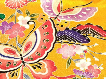 平和屋着物[]七五三　女の子　７歳　祝着　四つ身　長襦袢(単衣)セット　舞蝶花籠文　暈し染め　金銀彩　未使用　DABA3847ma