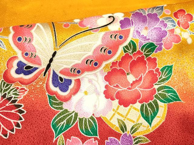 平和屋着物[]七五三　女の子　７歳　祝着　四つ身　長襦袢(単衣)セット　舞蝶花籠文　暈し染め　金銀彩　未使用　DABA3847ma