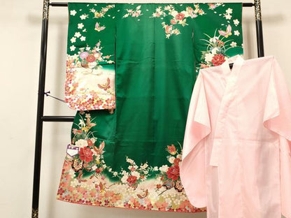平和屋着物[]七五三　女の子　７歳　祝着　四つ身　長襦袢(単衣)セット　舞蝶花車文　暈し染め　金銀彩　逸品　未使用　DABA3848ma