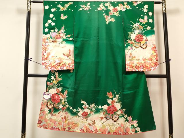 平和屋着物[]七五三　女の子　７歳　祝着　四つ身　長襦袢(単衣)セット　舞蝶花車文　暈し染め　金銀彩　逸品　未使用　DABA3848ma