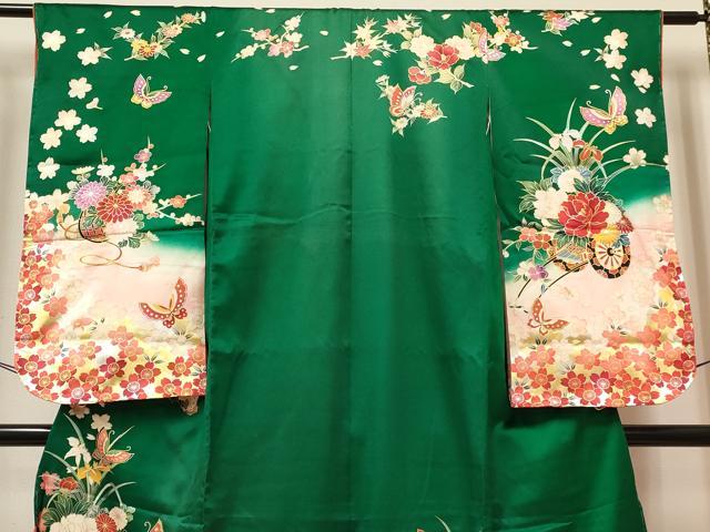 平和屋着物[]七五三　女の子　７歳　祝着　四つ身　長襦袢(単衣)セット　舞蝶花車文　暈し染め　金銀彩　逸品　未使用　DABA3848ma