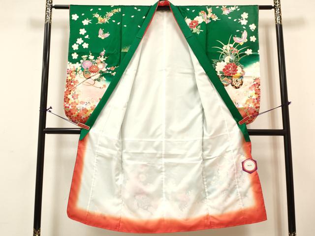平和屋着物[]七五三　女の子　７歳　祝着　四つ身　長襦袢(単衣)セット　舞蝶花車文　暈し染め　金銀彩　逸品　未使用　DABA3848ma