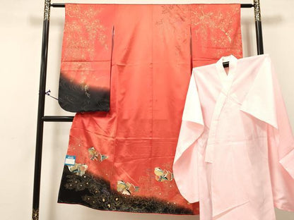 平和屋着物[]七五三　女の子　７歳　祝着　四つ身　長襦袢(単衣)セット　鴛鴦花文　暈し染め　金銀彩　逸品　DABA3850ma