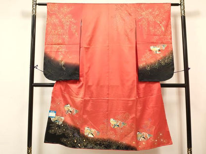 平和屋着物[]七五三　女の子　７歳　祝着　四つ身　長襦袢(単衣)セット　鴛鴦花文　暈し染め　金銀彩　逸品　DABA3850ma