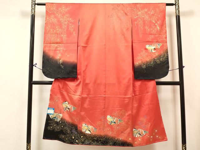 平和屋着物[]七五三　女の子　７歳　祝着　四つ身　長襦袢(単衣)セット　鴛鴦花文　暈し染め　金銀彩　逸品　DABA3850ma