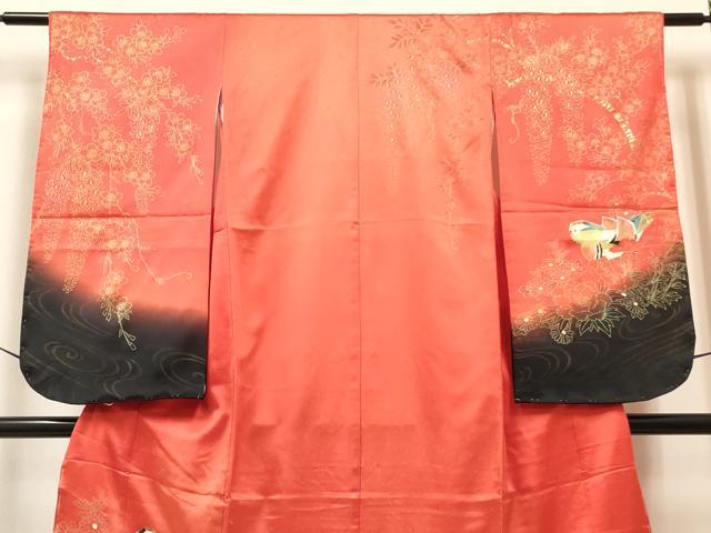 平和屋着物[]七五三　女の子　７歳　祝着　四つ身　長襦袢(単衣)セット　鴛鴦花文　暈し染め　金銀彩　逸品　DABA3850ma