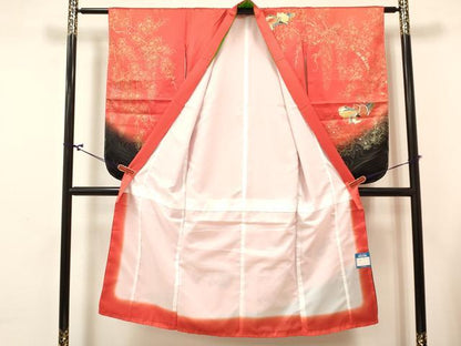 平和屋着物[]七五三　女の子　７歳　祝着　四つ身　長襦袢(単衣)セット　鴛鴦花文　暈し染め　金銀彩　逸品　DABA3850ma