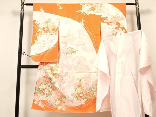 平和屋着物[]七五三 女の子 ７歳 祝着 四つ身 長襦袢(単衣)セット 地紙牡丹飛鶴花文 金彩 DABA3852ma