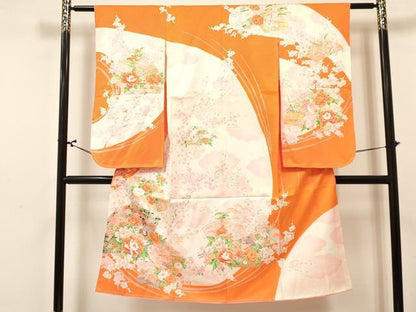 平和屋着物[]七五三　女の子　７歳　祝着　四つ身　長襦袢(単衣)セット　地紙牡丹飛鶴花文　金彩　DABA3852ma