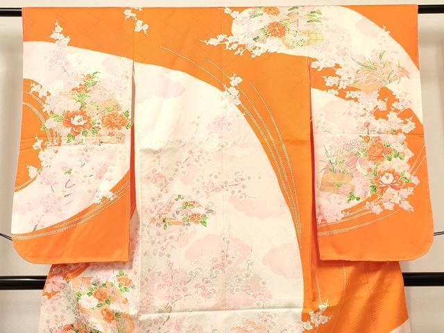 平和屋着物[]七五三　女の子　７歳　祝着　四つ身　長襦袢(単衣)セット　地紙牡丹飛鶴花文　金彩　DABA3852ma