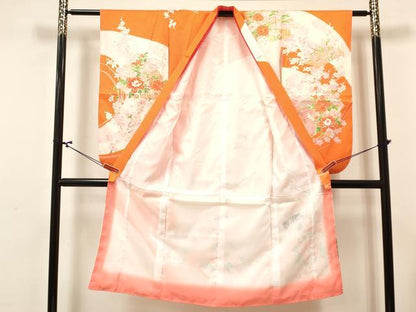 平和屋着物[]七五三 女の子 ７歳 祝着 四つ身 長襦袢(単衣)セット 地紙牡丹飛鶴花文 金彩 DABA3852ma