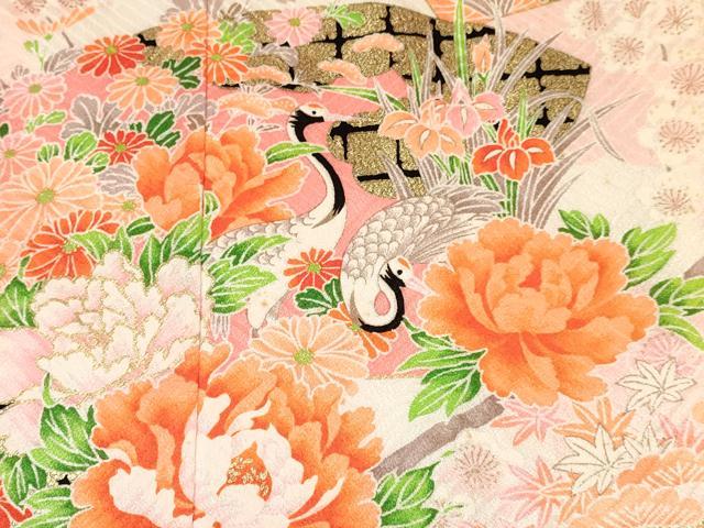 平和屋着物[]七五三　女の子　７歳　祝着　四つ身　長襦袢(単衣)セット　地紙牡丹飛鶴花文　金彩　DABA3852ma