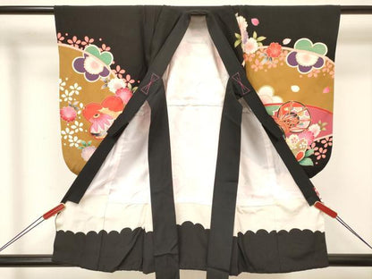 平和屋着物[]七五三　女の子　３歳　祝着　三つ身　長襦袢(袷・半衿刺繍)セット　駒刺繍　鈴花文　金彩　逸品　DABA3854ma