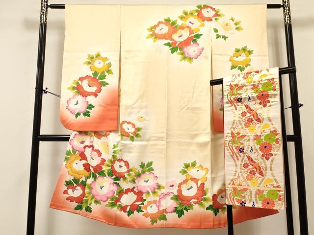 平和屋着物[]七五三　女の子　７歳　祝着　四つ身　袋帯セット　牡丹花文　逸品　DABA3856ma