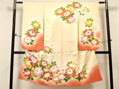 平和屋着物[]七五三　女の子　７歳　祝着　四つ身　袋帯セット　牡丹花文　逸品　DABA3856ma