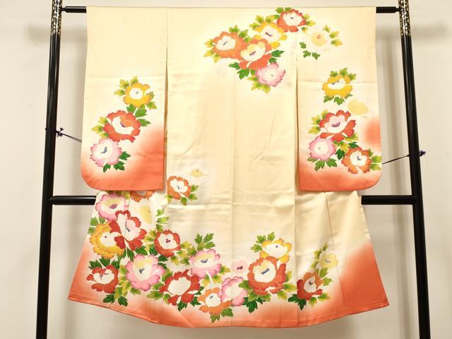 平和屋着物[]七五三　女の子　７歳　祝着　四つ身　袋帯セット　牡丹花文　逸品　DABA3856ma