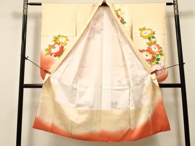 平和屋着物[]七五三　女の子　７歳　祝着　四つ身　袋帯セット　牡丹花文　逸品　DABA3856ma