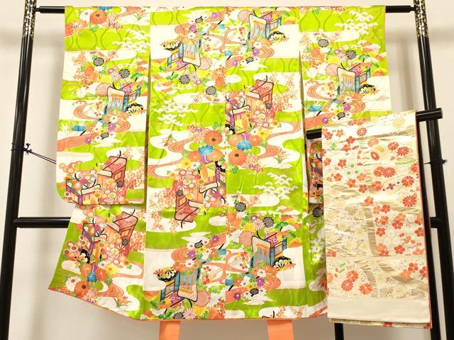 平和屋着物[]七五三　女の子　７歳　祝着　四つ身　袋帯セット　エ霞御所車花文　金彩　逸品　DABA3857ma