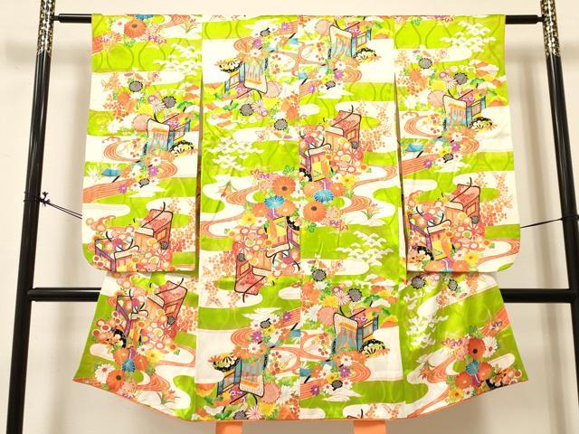 平和屋着物[]七五三　女の子　７歳　祝着　四つ身　袋帯セット　エ霞御所車花文　金彩　逸品　DABA3857ma