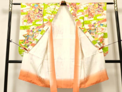 平和屋着物[]七五三　女の子　７歳　祝着　四つ身　袋帯セット　エ霞御所車花文　金彩　逸品　DABA3857ma