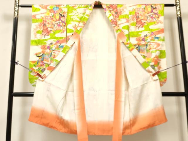 平和屋着物[]七五三　女の子　７歳　祝着　四つ身　袋帯セット　エ霞御所車花文　金彩　逸品　DABA3857ma