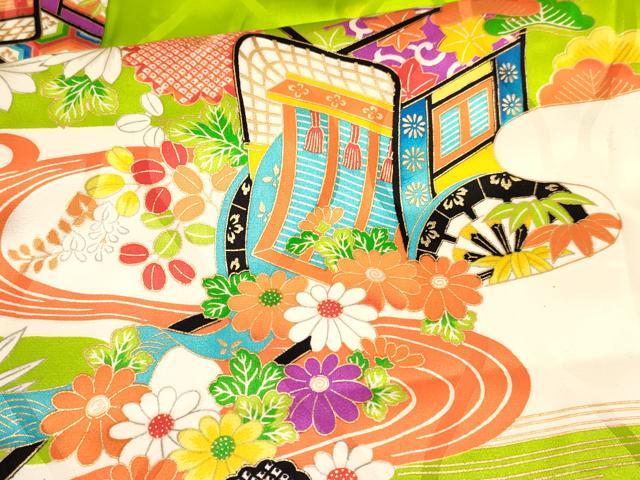 平和屋着物[]七五三　女の子　７歳　祝着　四つ身　袋帯セット　エ霞御所車花文　金彩　逸品　DABA3857ma