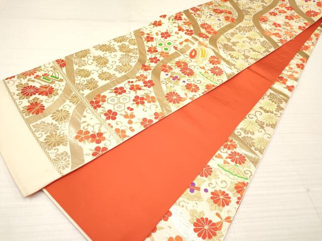 平和屋着物[]七五三　女の子　７歳　祝着　四つ身　袋帯セット　エ霞御所車花文　金彩　逸品　DABA3857ma