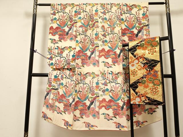 平和屋着物[]七五三　女の子　７歳　祝着　四つ身　袋帯セット　型染　飛鳥風景花文　逸品　DABA3858ma