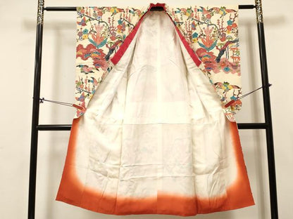 平和屋着物[]七五三　女の子　７歳　祝着　四つ身　袋帯セット　型染　飛鳥風景花文　逸品　DABA3858ma