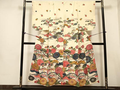 平和屋着物∵女の子 十三参り 子供 祝着 型染 吉祥花文 鬼しぼ縮緬 逸品 DABA3862ma