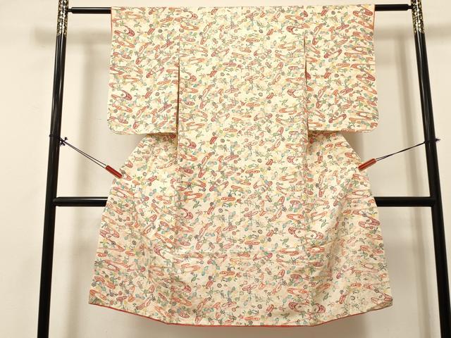 平和屋着物[]七五三　女の子　７歳　祝着　四つ身　型染　流水花文　逸品　DABA3867ma