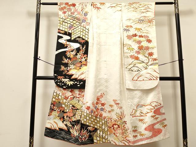 平和屋着物[]七五三　女の子　７歳　祝着　四つ身　駒刺繍　風景花文　金銀彩　逸品　DABA3869ma