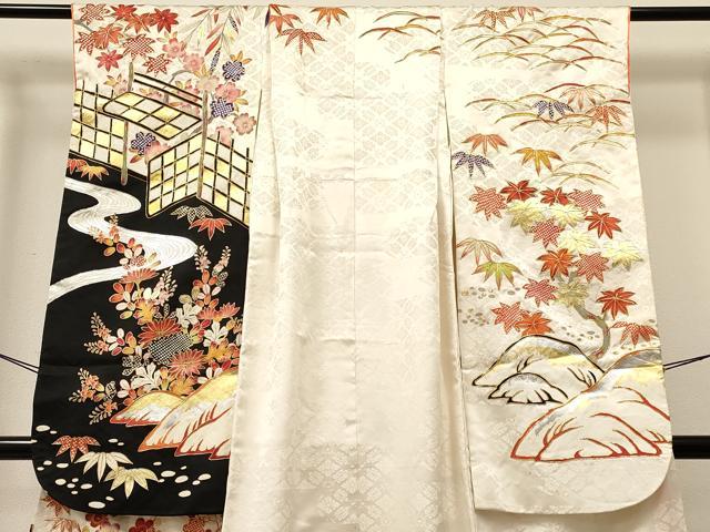 平和屋着物[]七五三　女の子　７歳　祝着　四つ身　駒刺繍　風景花文　金銀彩　逸品　DABA3869ma