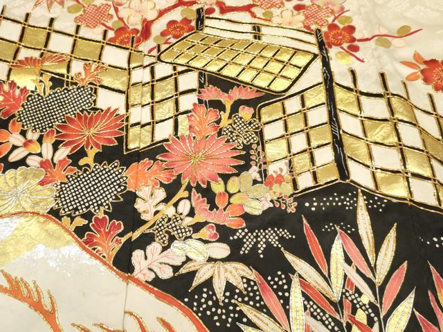 平和屋着物[]七五三　女の子　７歳　祝着　四つ身　駒刺繍　風景花文　金銀彩　逸品　DABA3869ma