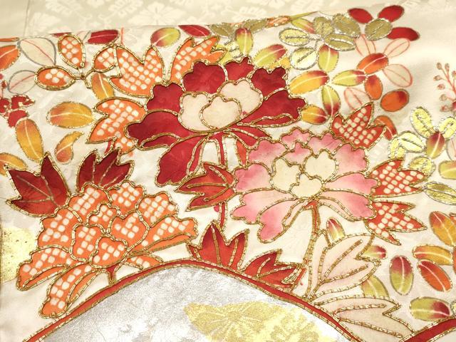 平和屋着物[]七五三　女の子　７歳　祝着　四つ身　駒刺繍　風景花文　金銀彩　逸品　DABA3869ma