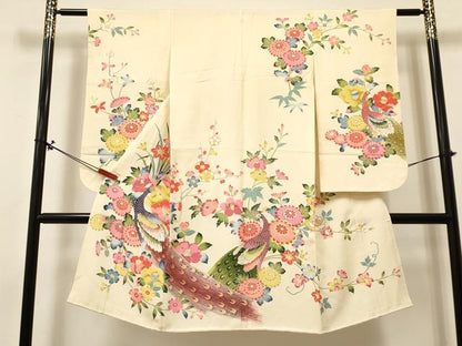 平和屋着物[]七五三　女の子　７歳　祝着　四つ身　友禅　孔雀花文　逸品　DABA3870ma