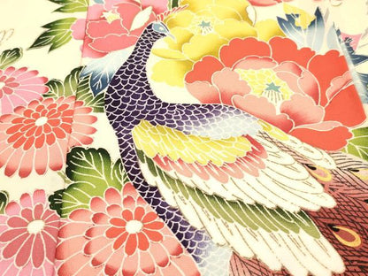 平和屋着物[]七五三　女の子　７歳　祝着　四つ身　友禅　孔雀花文　逸品　DABA3870ma