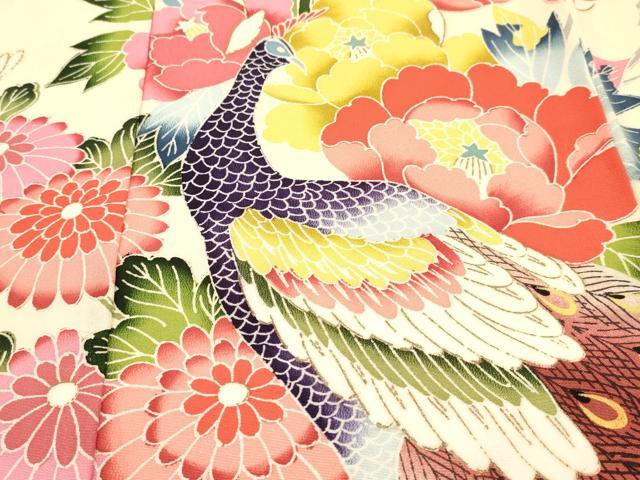 平和屋着物[]七五三　女の子　７歳　祝着　四つ身　友禅　孔雀花文　逸品　DABA3870ma