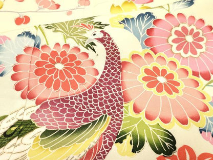 平和屋着物[]七五三　女の子　７歳　祝着　四つ身　友禅　孔雀花文　逸品　DABA3870ma