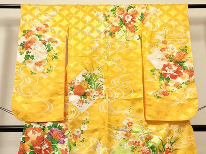 平和屋着物[]七五三　女の子　７歳　祝着　四つ身　駒刺繍　牡丹花文　金彩　DABA3871ma