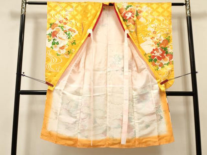 平和屋着物[]七五三　女の子　７歳　祝着　四つ身　駒刺繍　牡丹花文　金彩　DABA3871ma