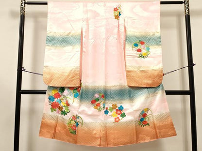 平和屋着物[]七五三　女の子　７歳　祝着　四つ身　刺繍　草花文　暈し染め　金彩　洗える着物　DABA3875ma