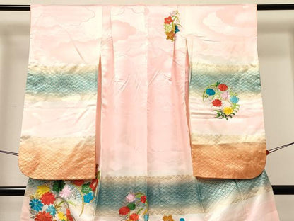 平和屋着物[]七五三　女の子　７歳　祝着　四つ身　刺繍　草花文　暈し染め　金彩　洗える着物　DABA3875ma