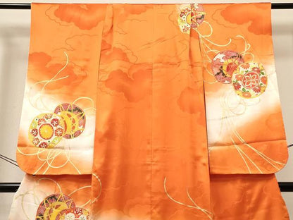 平和屋着物[]七五三　女の子　７歳　祝着　四つ身　駒刺繍　鼓花文　暈し染め　金彩　逸品　DABA3876ma